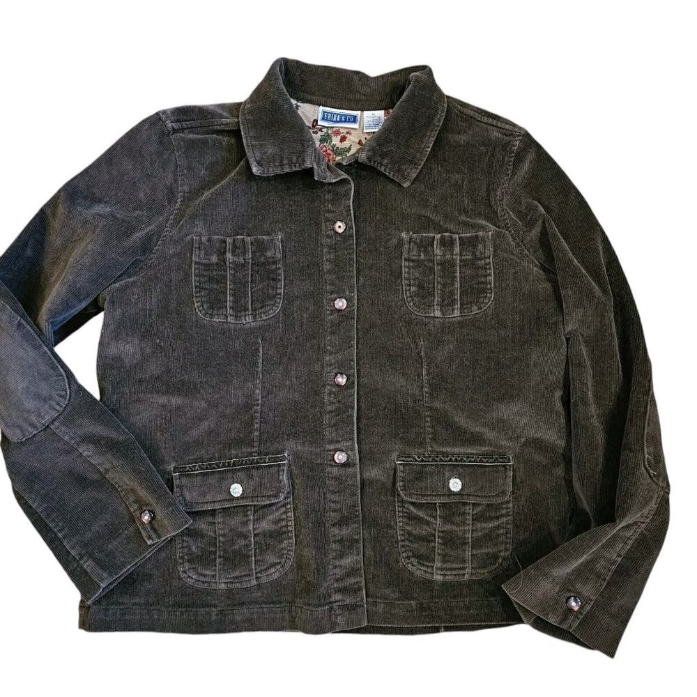Y2K Womens XL Brown Corduroy Jacket Blazer Elbow‎ Patches Rhinestone Buttons